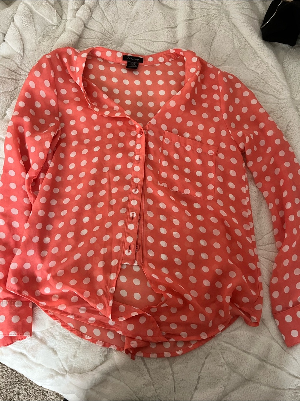 Timing Coral Button-Down Polka Dot Blouse